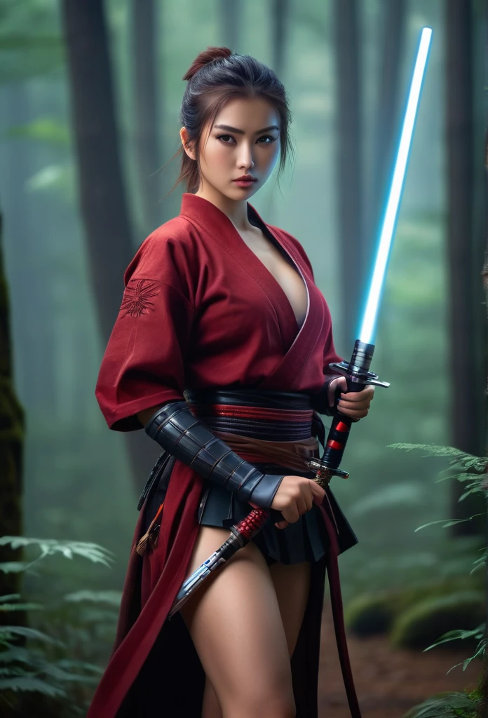 Hold the sword and open the scabbard.Handsome female warrior wearing dark red short clothes, misty forest background.bokeh background.portrait,(best quality,4K,8K,high resolution,masterpiece:1.2) Art Station Contest Winners, fantasy art, female warrior, very beautiful cyberpunk samurai, light saber, beautiful female warrior, beautiful teen female warrior, warrior princess, warrior teen girl, beautiful figure painting, she is holding a light saber, japanese samurai, Ono City
