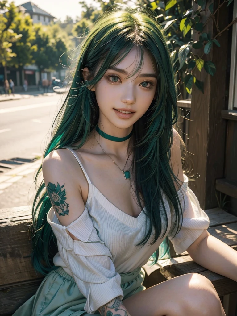 1girl, alone, solitary, high quality, (best quality,4k,8k,highres,masterpiece:1.2),ultra-detailed,(realistic,photorealistic,photo-realistic:1.37),gorgeous hair,emerald hair,long straight hair with bangs,sharp eyes,mole under the eye,plump lips,jewelry,(high detailed skin:1.4),(rim lighting:1.3),(lit:1.3),(sunny day:1.3),portrait,beautiful lips,waist-length hair,seductive gaze,moles,casual clothes,colorful clothing,close up,super long hair,choker necklace,tattoos,tattooed,light eyes,bangs,fringe,20 year old,dimples on the cheeks,dimples,beautiful smile,perfect teeth,straight teeth,perfect sized teeth,dazzling smile,emerald green hair,greenhair,green hair,bright emerald hair,emerald,emerald hair
