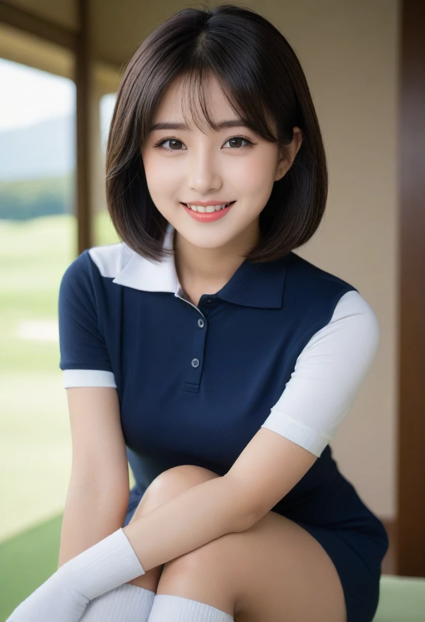 8K, Ultra-high resolution, Highest quality, masterpiece, 三分割法によるphotograph,Surreal, photograph, 1 Girl, (:1.3), pretty girl, Cute face, Beautiful eyes in every detail, 細かくdetailedに,masterpiece,, One Girl:1.2, Japan Female Announcer,whole body,(Golf Wear:1.5),(Golf course:1.5),Pencil Skirt、Knee socks, Attractive thighs, Sensual,A carefree smile,Heal the heart,Black Hair,Short Bob,Looking at the audience、beauty,Long neck、Laugh a little、Please close your mouth and laugh、(((Ideal body type))),A cup small breasts :2,、Portraiture:2、Perfect Anatomy、鮮明なdetailed、detailed、Surreal、Light and shadow,Strong light