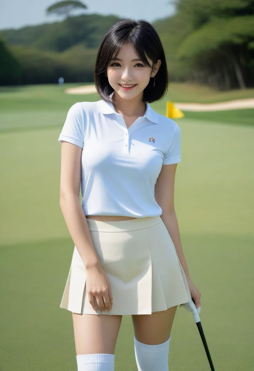 8K, Ultra-high resolution, Highest quality, masterpiece, 三分割法によるphotograph,Surreal, photograph, 1 Girl, (16 years old:1.3), pretty girl, Cute face, Beautiful eyes in every detail, 細かくdetailedに,masterpiece,, One Girl:1.2, Japan Female Announcer,whole body,(Golf Wear:1.5),(Golf course:1.5),Pencil Skirt、Knee socks, Attractive thighs, Sensual,A carefree smile,Heal the heart,Black Hair,Short Bob,Looking at the audience、beauty,Long neck、Laugh a little、Please close your mouth and laugh、(((Ideal body type))),A cup small breasts :2,、Portraiture:2、Perfect Anatomy、鮮明なdetailed、detailed、Surreal、Light and shadow,Strong light