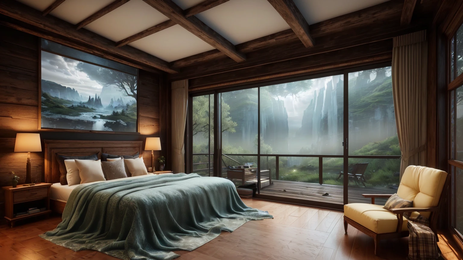 Bedroom with a large bed and a large window, realistic fantasy rendering, realistic rendering of the unreal engine, beautiful rendering of a landscape, very realistic render, relaxing and cozy landscape, natural realistic rendering, cozy treehouse bedroom, very realistic 3D rendering, rendered in unreal engine 4k hq, rendered in unreal engine 4k hq, 8k landscape rendering