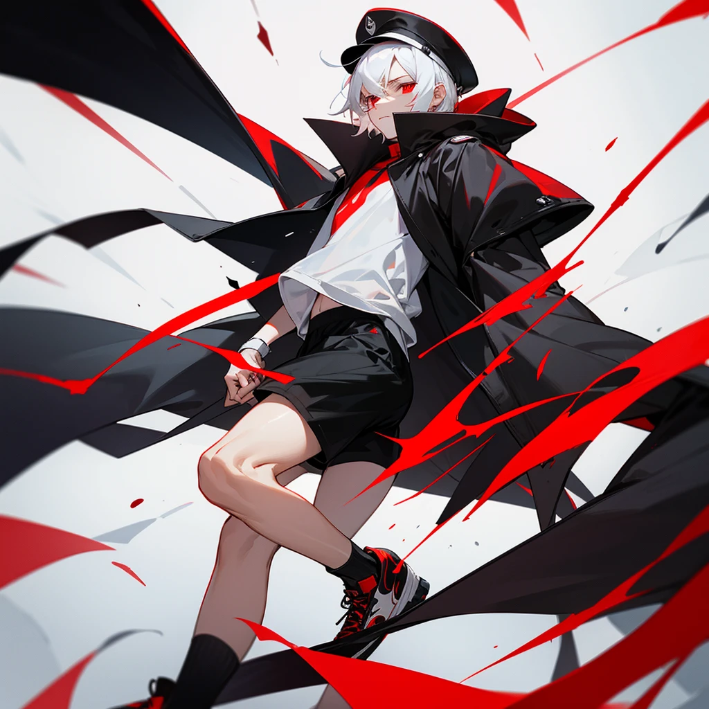 It depicts a young man with white hair and red eyes in a black cap with a black and red coat with black shorts and long white socks ,wearing nike sneakers