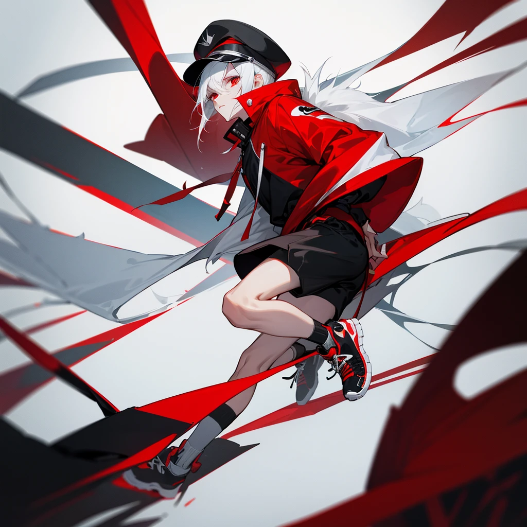 It depicts a young man with white hair and red eyes in a black cap with a black and red coat with black shorts and long white socks ,wearing nike sneakers