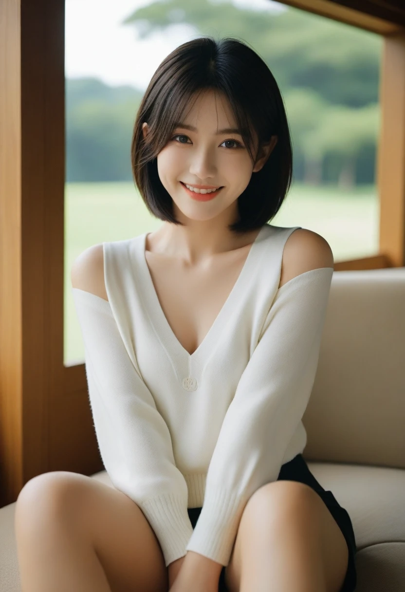 8K, Ultra-high resolution, Highest quality, masterpiece, 三分割法によるphotograph,Surreal, photograph, 1 Girl, (:1.3), pretty girl, Cute face, Beautiful eyes in every detail, 細かくdetailedに,masterpiece,, One Girl:1.2, Japan Female Announcer,whole body,Teenage Girlaring only a grey cropped shirt with sleeves and flesh-coloured thong panties, Functional, With a sleepy look and a half-smile,,detailedな顔と目, Beautiful lip detail, 非常にdetailedな目と顔, Long eyelashes, Portraiture, 非常にdetailedな, Warm lighting, Soft Focus, Cinematic,Functionalな,A carefree smile,Heal the heart,Black Hair,Short Bob,Looking at the audience、beauty,Long neck、Laugh a little、Please close your mouth and laugh、(((Ideal body type))),A cup small breasts :2,、Portraiture:2、Perfect Anatomy、鮮明なdetailed、detailed、Surreal、Light and shadow,Strong light