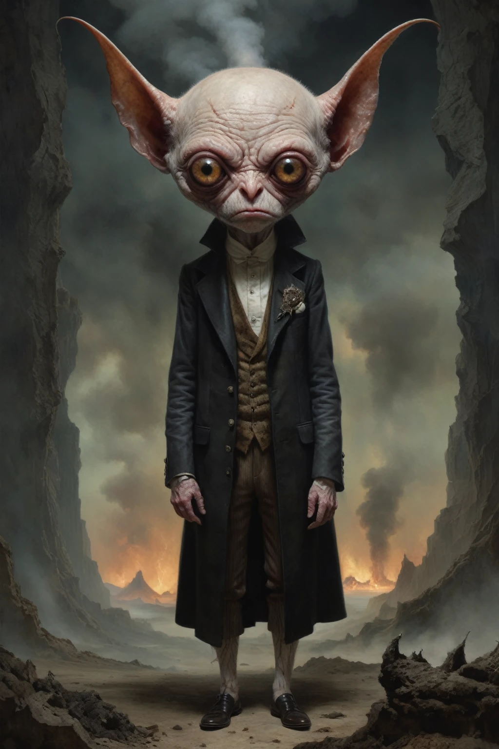 Full body length shot, famous artwork by (tom bagshaw:1.1),high detailed expressive eyes, fantasy style, the grumpy lubwad is a tiny creature that prospers in intense heat, building its resiliforged lairs in the flanks of active volcanoes on planet ramsnuggle vi, here we get a good look at its dark ears and intricate eyes as it lays in ambush to prey on the grubby sneezlenook from the shadows of its yarbled hideout
RAW photo, realistic texture, extremely detailed, absurdres sharp focus,  volumetric lighting, subsurface scattering
realistic skin, (natural marble skin:1), (skin details,marble skin texture:1.1), (skin pores:1), (skin imperfections:0.3), 
Mestichino,Light particles,marble leather ,ink photography ,RAW, NIKON Z9,ink photorealism,Mestichino,Light particles,marble leather ,ink photography , school of magic