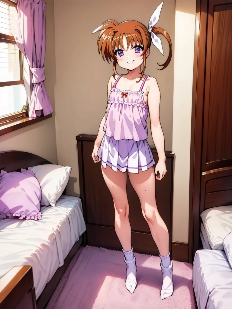 , Lyrical Nanoha,High resolution, 1 girl, alone, brown hair, , twin tails、purple eyes, , camisole, my room、 Nanoha,***,(petite),grin,miniskirt,socks,nsfw