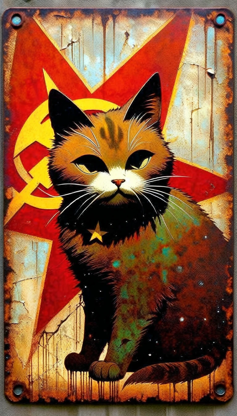 decorative metal sheet, rusty, communist cat, communist star, art inspired by dave mckean
