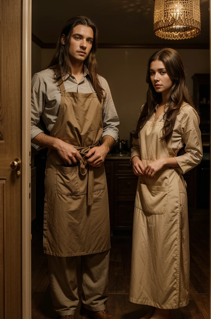 A guy with long dark hair wearing a long dress and apron, a girl with short brown hair wearing a suit and pants, both standing in their house, detailed faces and expressions, warm lighting, intricate details, highly detailed, photorealistic, masterpiece, 8K, vivid colors, cinematic composition