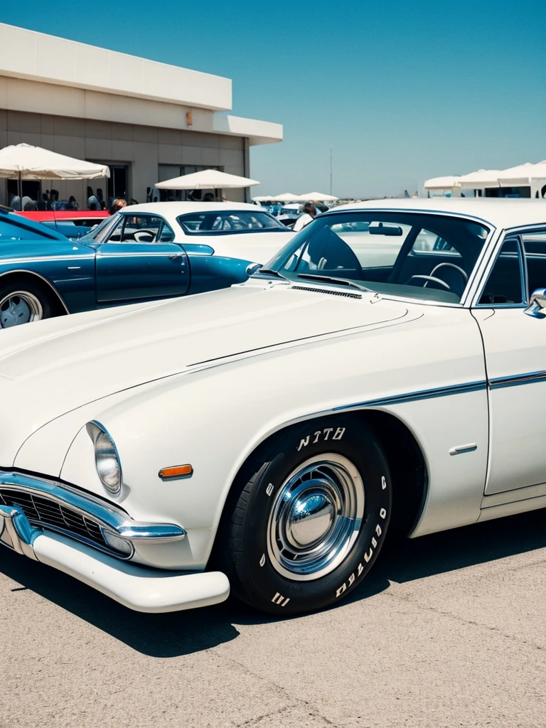 low angle 35mm photo, retro future classic, white car car with the open hood of the car, pin up style, soft sunny day, against fans dancing, retro empty background racing track wallpaper realism style, clear open blue sky