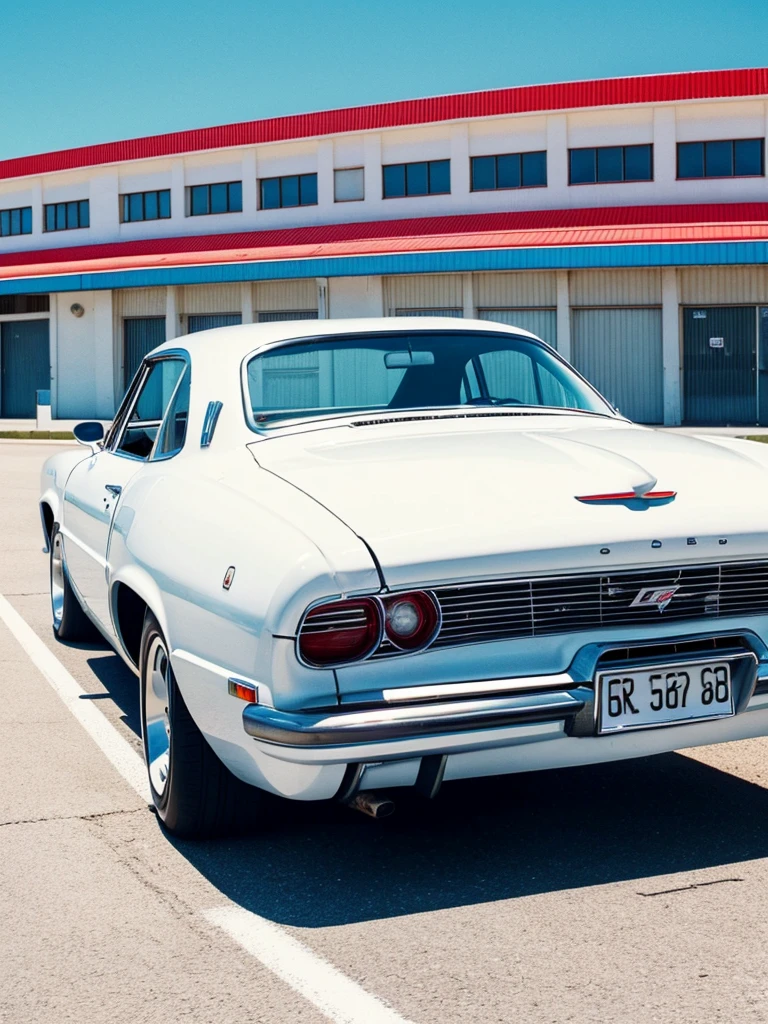 low angle 35mm photo, retro future classic, white car car with the open hood of the car, pin up style, soft sunny day, against fans dancing, retro empty background racing track wallpaper realism style, clear open blue sky