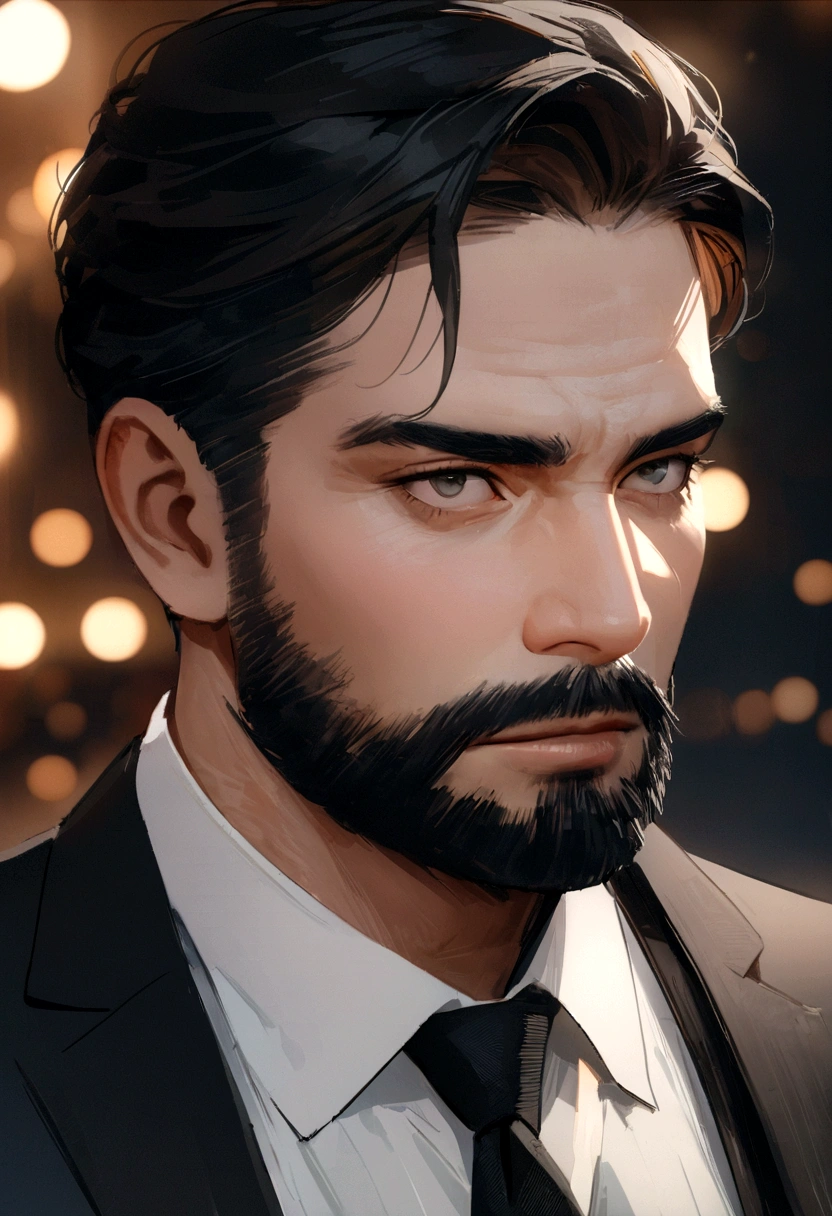 Make a handsome man in his 30s wearing a black suit and tie, CEO, brown hair and beard, (Man wearing black suit with tie), ), (wearing a beard,) Attractive and serious appearance, dark short hair, stylish and elegant, toned and strong body fitted into the suit, (high quality and realistic image), in the background of the image dark black and lights, movie style, ((best qualityer, 8K, Masterpiece artwork), hyperdetailed photograph, (detailed beautiful face, detail skin texture, ultra-detailed body:1.1)