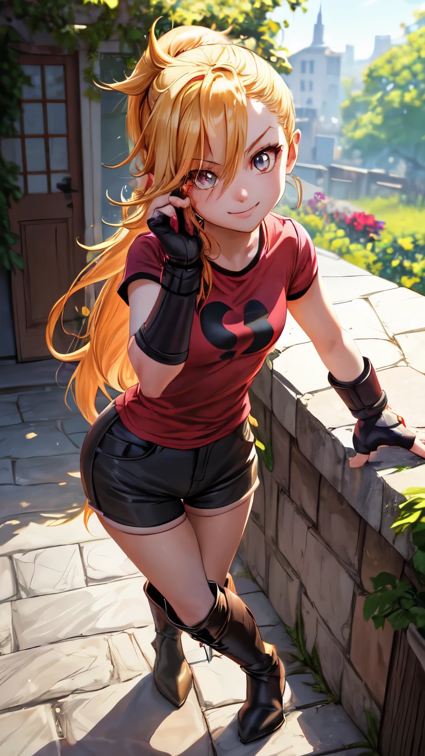 (best quality:1.2),solo,1girl,mdrin,smile,looking at viewer,lovely pose, ponytail,v-shaped eyebrows,red shirt, fingerless gloves,black shorts , garden background, warm color tones,soft lighting, Hair over one eye, ultra long hair, standing on hooftop, long boots, long ponytail, blonde