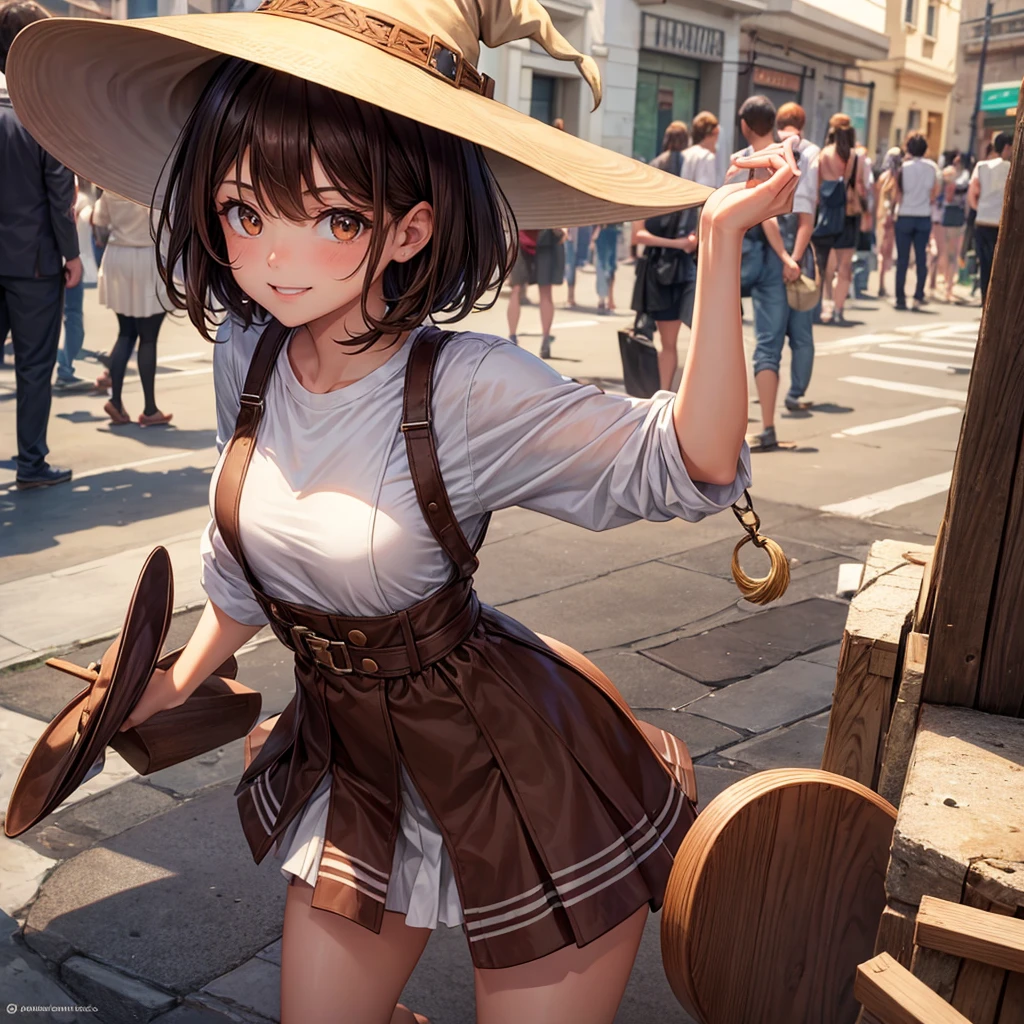 1girl, short hair, brown hair, white shirt, brown skirt, looking at viewer, smile, brown eyes, witch hat, Mexico city