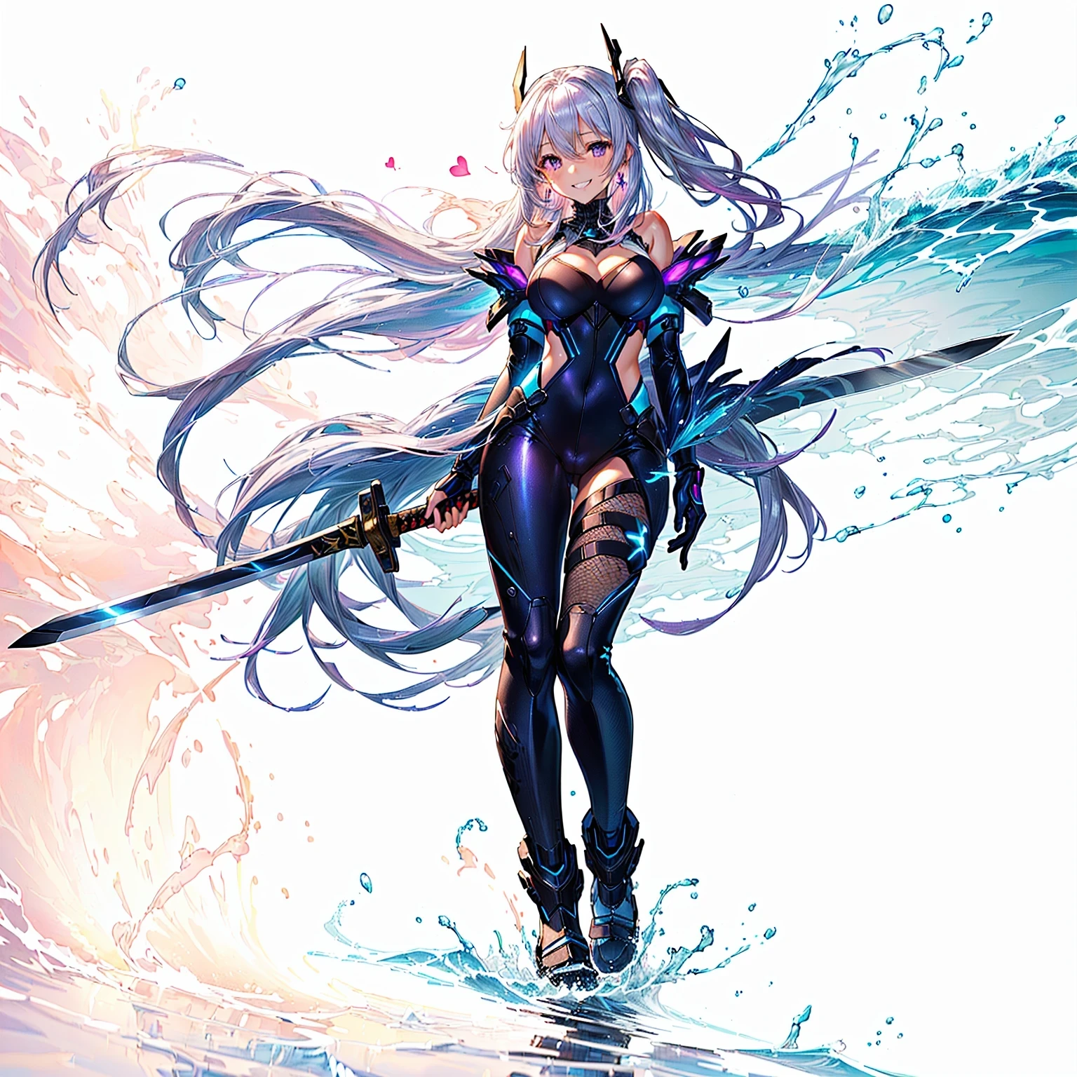 (masterpiece), (Highest quality), (High resolution, High Resolution), (Super detailed), (ichinose honami:1.2), 1girl, ((Pink silver hair)), ((A slightly longer side ponytail)), Loosely swayed bangs, ((Silver hair with light blue mesh)), multicolored hair, (Purple eyes:1.2), Detailed pupil, Earrings, Earrings, ((Detailed face)), (very cute expression), (A sloppy smile:1.2), Open your mouth wide and grin mischievously, ((white spyder suits)), (wearing only a white spider suits), Wet with sweat, (tan skin:1.2),A lively 15-year-old gal, B86, W58,H85, Model Body Type, Very beautiful proportions, Gravure model photography, Depth of written boundary, (Perfect Anatomy), (Heart effect:1.3), Absurd, (Vulva Shape), Close-up, High neck, Bare shoulders, Sleeveless, nicebeach, The subject is surrounded by sea and sky, ((Beautiful ocean with the setting sun reflected on the waves)), (Walking on seawater), (horizon), (reflection), All around is sea and sky, (Anime girl walking with a Japanese sword and white Spider Suits against the background of a beautiful sea), magic circle, Kantai Collection Style, Female Action Anime Girl, GirlｎFrontline Style, Girlズフロントラインより, Anime full body illustration, Official character art, Female Anime Characters, Azur Lane Style, From Arknights, ( ( Character Concept Art ) ), Hajime Yatate, Best Anime Character Design, Pink haired goddess, (Maintain the subject&#39;s head-to-body ratio and screen ratio)