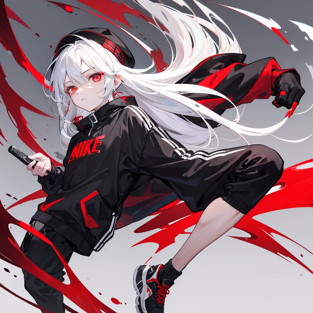 It depicts a young man with white hair and red eyes in a black cap with a black and red coat with black shorts and long white socks ,wearing nike sneakers