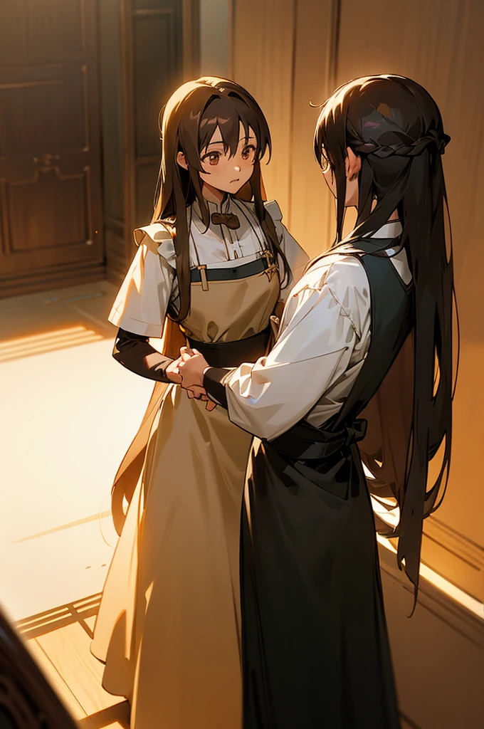 Kirito with long dark hair wearing a long dress and apron, Asuna with short brown hair wearing a suit and pants, both standing in their house, detailed faces and expressions, warm lighting, intricate details, highly detailed, photorealistic, masterpiece, 8K, vivid colors, cinematic composition