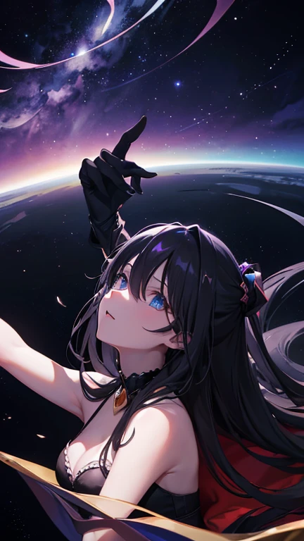 Highest quality, masterpiece, High resolution, 1The Dark Magician,Look up to the sky,Laugh wickedly,Pleasure,lament,Elevation,In the black storm,Low - Angle,Black sphere at the tip of the hand,The front of your body faces the viewer,Stretch your arms out to the sky,Shadow Studio