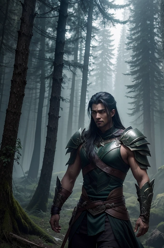 Create a picture of this scene In the shadows of twilight, where forests intertwine with the ancient secrets of the mountains, stood a warrior known only as Thane, the Night Guardian. His past was shrouded in mystery, some murmured, while others told legends about his relentless skill in combat.