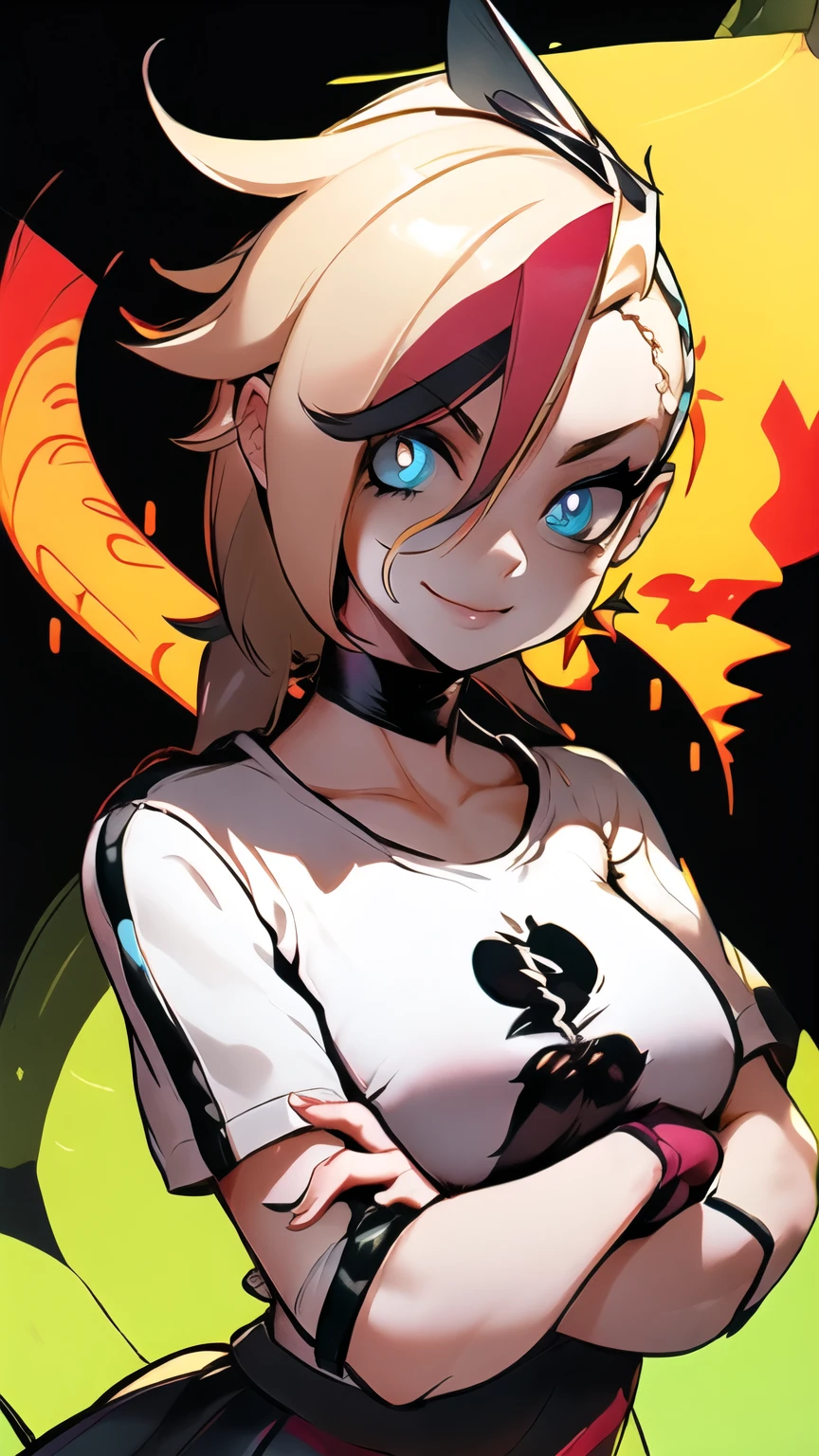(best quality:1.2),solo,1girl,mdrin,smile,looking at viewer,crossed arms,ponytail,v-shaped eyebrows,white jacket,red shirt,fingerless gloves,black skirt,choker,illustration,detailed background,soft lighting,vibrant colors,fantasy style,blurred foreground,flower garden,subtle shadows,daytime ambiance,lens flare,expressive eyes,lively atmosphere,joyful expression,impeccable makeup,glossy lips,twinkling eyes,sunlit scene,whimsical feeling, ultra long hair