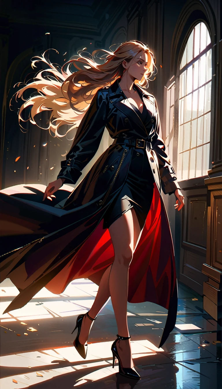 Full body shot, A sexy woman in a black trench coat, long flowing hair, intense wind blowing, flowing coat, highly detailed photorealistic portrait, cinematic lighting, dramatic shadows, stunning beauty, fashion photography, elegant, chiaroscuro