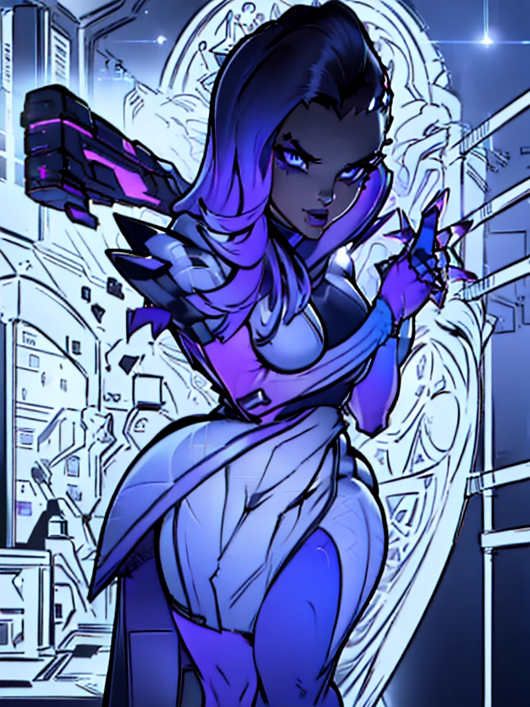 (1 girl:1.4), (extremely detailed face and body:1.2), (sexy pose:1.3), (nearly naked:1.1), (beautiful and aesthetic:1.2), (official art:1.1), (sombra:1.1), (high quality, 4k, 8k, photorealistic, ultra-detailed, masterpiece, cinematic lighting, volumetric lighting)