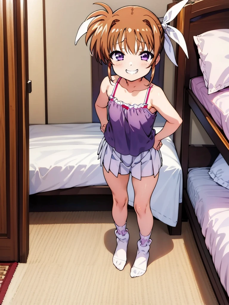 , Lyrical Nanoha,High resolution, 1 girl, alone, brown hair, , twin tails、purple eyes, , camisole, my room、 Nanoha,6yo,(petite),grin,miniskirt,socks,nsfw,close up