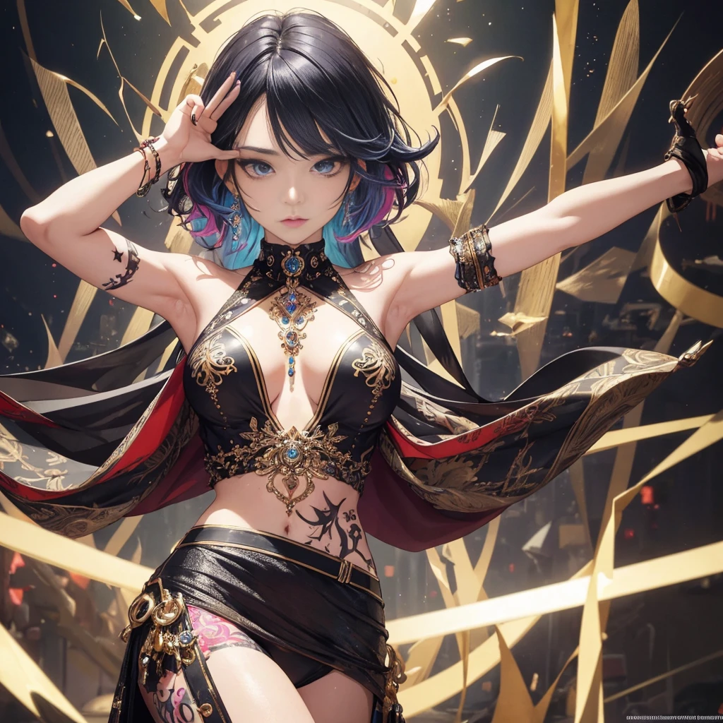 Masterpiece, top-tier quality, 16K UHD,
Standing,
Stylized music video scene, Multiple K-Pop Idols, solo, exhilarating, energetic, charismatic, spotlight, vibrant colors, synchronous dance moves, glistening sweat, (Highly detailed CG Unity 8k wallpaper), The most beautiful works of art in the world, Upper Body, Defined abs, toned muscles, intricate tattoos, colorful hair, sparkling jewelry, (perfectly detailed face), captivating eyes, expressive facial expressions, determined gaze, flawless makeup, (very detailed hand), photorealistic image, n