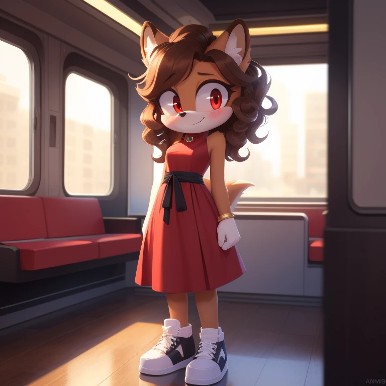 mobian, solo, hedgehog, two-tone fur ((orange fur, brown fur)), high neck Sashes Court train evening dress, high-top sneakers, small breasts, two-tone hair (brown hair, black tip)), curly hair, halo, sunglasses, jewelry, red eyes, longeyelashes, red eyes, smile, shy, blush, pose, high detail, masterpiece, UHD, anatomically correct, super detail, highres, 4K
