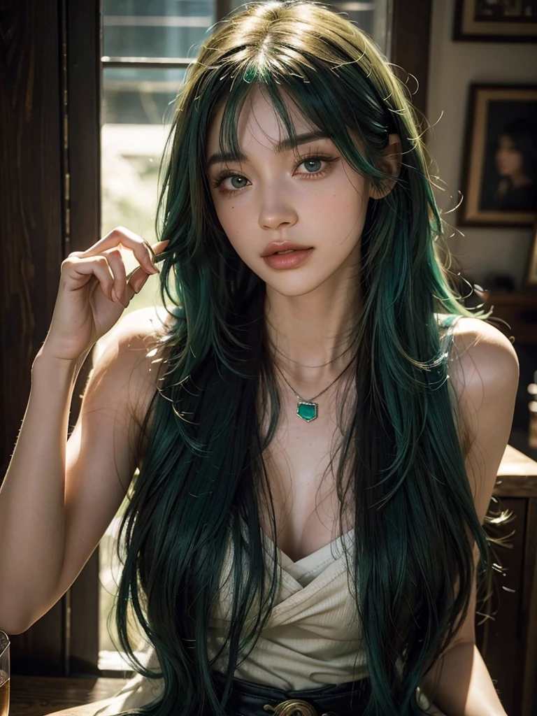 1girl, alone, solitary, high quality, (best quality,4k,8k,highres,masterpiece:1.2),ultra-detailed,(realistic,photorealistic,photo-realistic:1.37),gorgeous hair,emerald hair,long straight hair with bangs,sharp eyes,mole under the eye,plump lips,jewelry,(high detailed skin:1.4),(rim lighting:1.3),(lit:1.3),(sunny day:1.3),portrait,beautiful lips,waist-length hair,seductive gaze,moles,casual clothes,colorful clothing,close up,super long hair,choker necklace,tattoos,tattooed,light eyes,bangs,fringe,20 year old,dimples on the cheeks,dimples,emerald green hair,greenhair,green hair,bright emerald hair,emerald,emerald hair