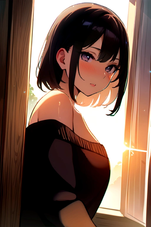 best quality, masterpiece, girl, Dark hair, dark eyes, home, sun shining, shiny skin, sun flare