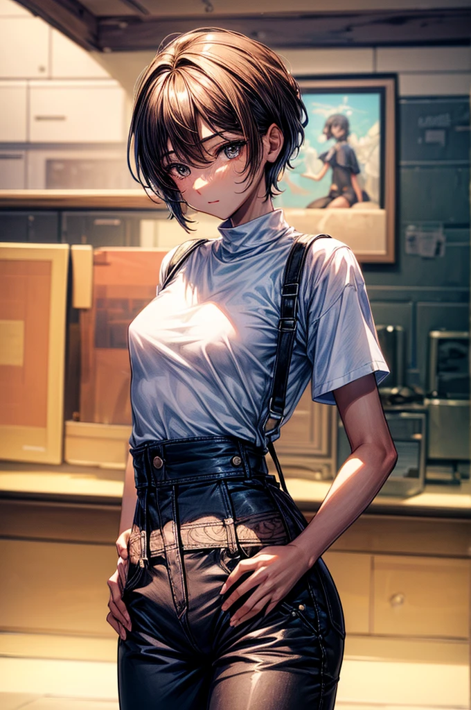 ((highest quality)),(ultra high resolution),(Super detailed),(detailed description),((best CG)),(best work of art),super precision art, great drawing art,(Art with precise details:1.5), (1 man: 1.5) cute and feminine looking young man, femboy, silky smooth back length brown hair, soft and cute facial features, slender dainty body, slim waist, small curves, small perky butt, silky smooth legs, very short height of 5ft 5,plain tee shirt and baggy pants, an overall cute femboy
