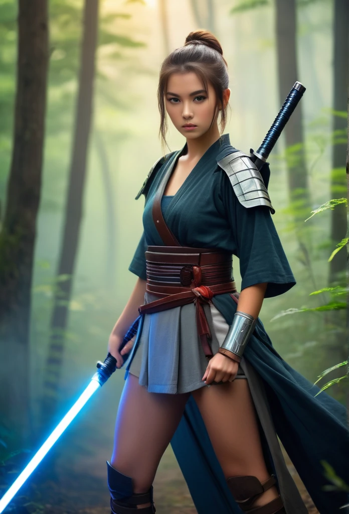 Hold the sword and open the scabbard.Handsome female warrior wearing short clothes, misty forest background.bokeh background.portrait,(best quality,4K,8K,high resolution,masterpiece:1.2) Art Station Contest Winners, fantasy art, female warrior, very beautiful teen female samurai, Star Wars light saber, beautiful female warrior, beautiful teen female warrior, warrior princess, warrior teen girl, beautiful figure painting, she is holding a Jedi light saber, japanese samurai, Ono City