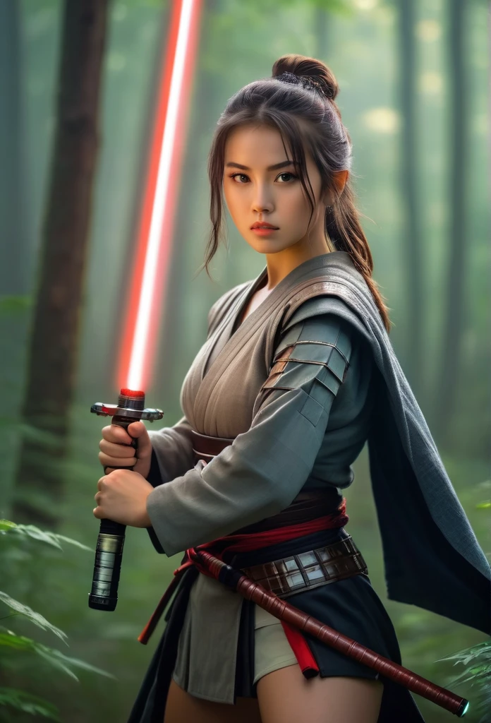Hold the sword and open the scabbard.Handsome female warrior wearing short clothes, misty forest background.bokeh background.portrait,(best quality,4K,8K,high resolution,masterpiece:1.2) Art Station Contest Winners, fantasy art, female warrior, very beautiful teen female samurai, Star Wars light saber, beautiful female warrior, beautiful teen female warrior, warrior princess, warrior teen girl, beautiful figure painting, she is holding a Jedi light saber, japanese samurai, Ono City