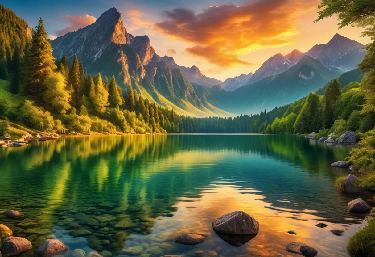 Beautiful landscape, vibrant colors, majestic mountains, serene lake, lush green forest, golden sunset, soft light, panoramic view, high resolution, ultrarealistic, vivid details, breathtaking scenery, perfect for wallpaper, nature photography.