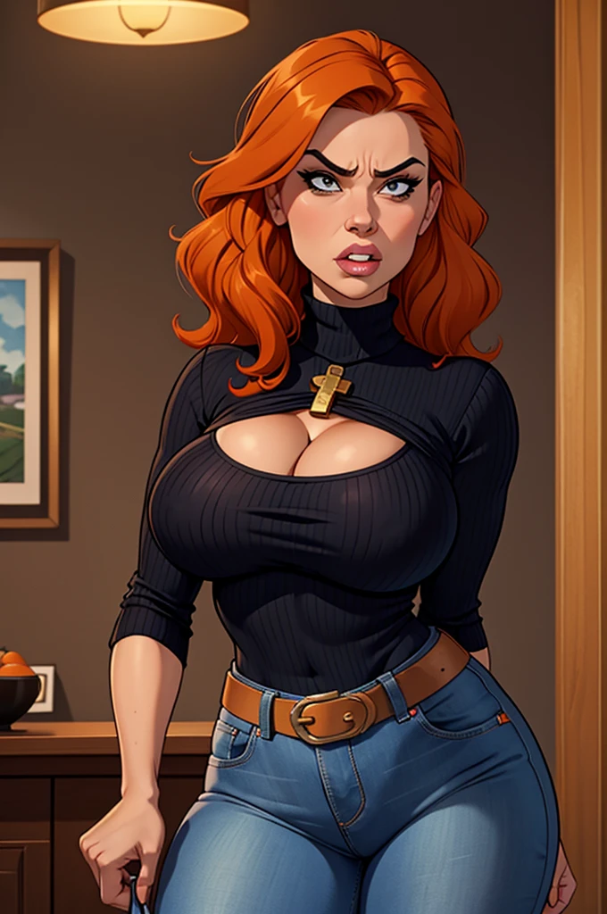 1 female, normal sized breast, shortstack, angry look, housewife, cleavage, Black turtleneck, orange hair, wavy hair, cross arms, tight jeans, masterpiece, slanty eyes, realistic lips, buck tooth, masterpiece, 4k.
