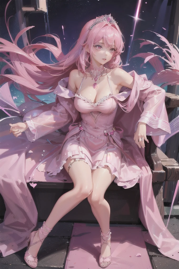 Women, approximately 18 years old, pink eyes, good body, pink strands in hair, She is a princess, She has a short pink dress with pink gems, her hair is long, has pink powers, On his neck he has a heart-shaped necklace, has a pink aura, she is sitting on a throne.