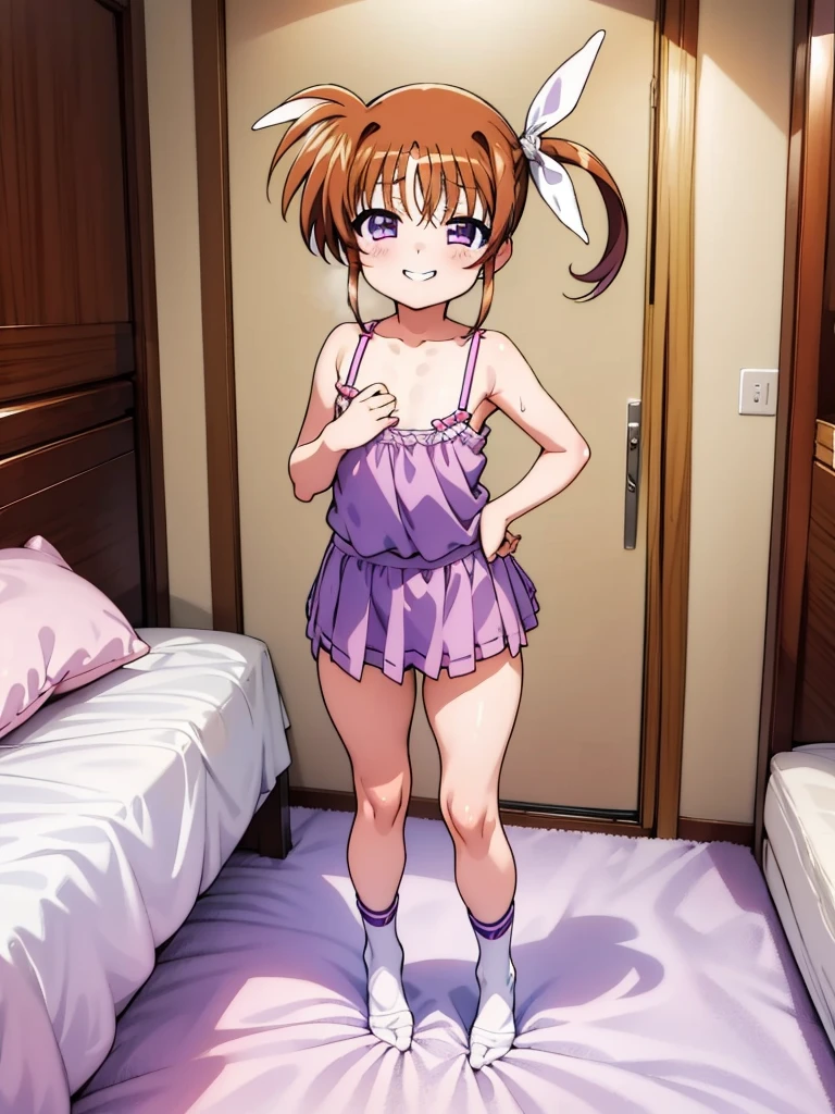 , Lyrical Nanoha,High resolution, 1 girl, alone, brown hair, , twin tails、purple eyes, , camisole, my room、 Nanoha,***,(petite),grin,miniskirt,socks,(nsfw),close up,panties