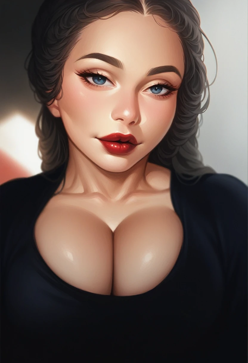 Un primer plano de una Women con un gran pecho y una blusa negra, neckline, thick lips, Portrait Sophie Mudd, she tit, Amazing beauty, sexy girl with dark complexion, thick red lips, deep red lips, big and full lips, Retouched in Photoshop, Amazing beauty, 🤤 girl portrait, sexy lips, cara sexy, Women