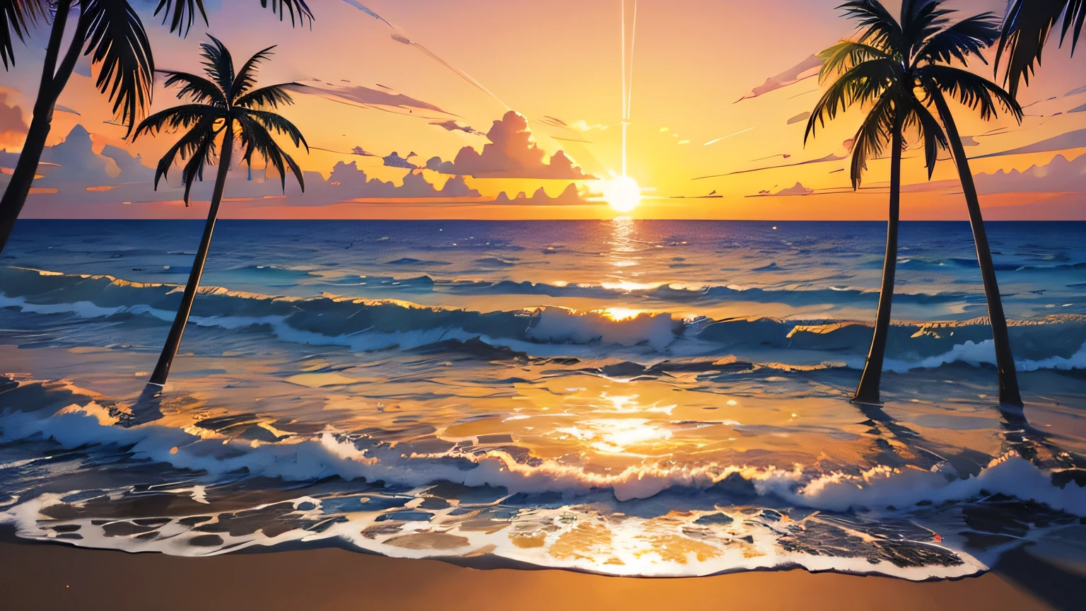beach landscape sunset and yellow sun, orange colors, palms, stars and buildings