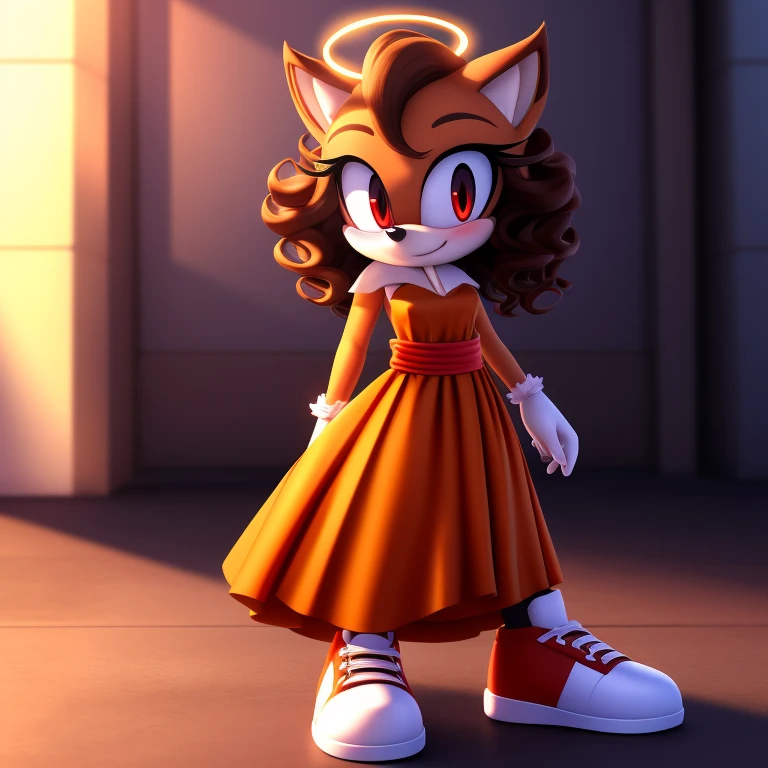 mobian, solo, hedgehog, two-tone fur ((orange fur, brown fur)), high neck Sashes Court train evening dress, high-top sneakers, small breasts, two-tone hair (brown hair, black tip)), curly hair, halo, sunglasses, jewelry, red eyes, longeyelashes, red eyes, smile, shy, blush, pose, high detail, masterpiece, UHD, anatomically correct, super detail, highres, 4K