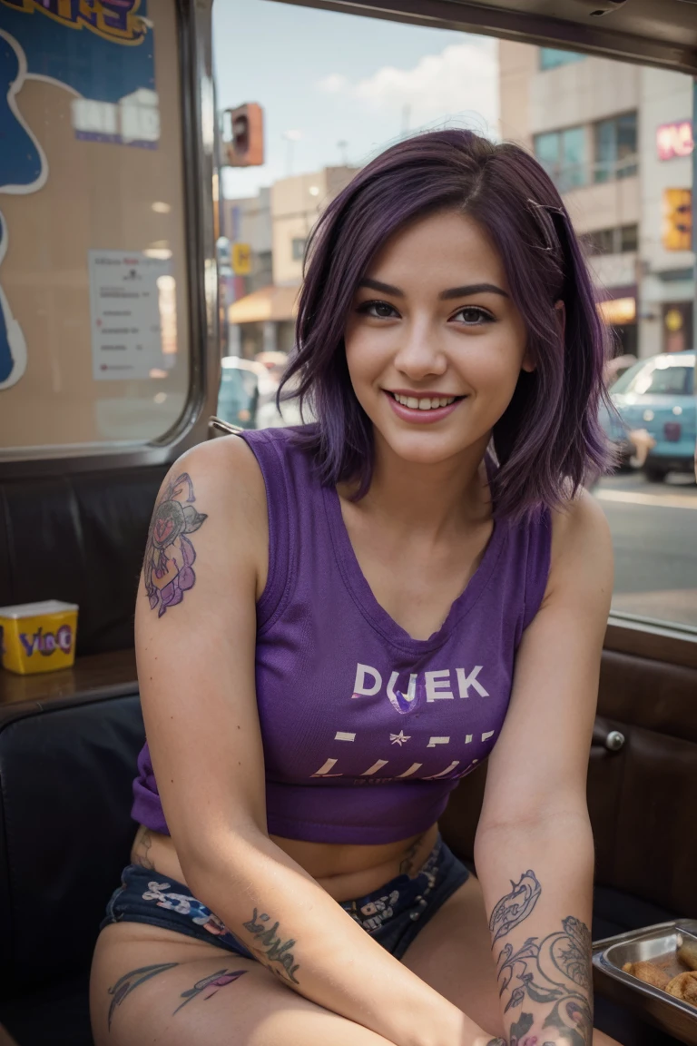 beautiful young woman with purple hair, smiling, happy expression, cute shirt, tattoos on her arms, sitting in 50s diner, street photography, highly detailed, photorealistic, 4k, HDR, professional photograph, vibrant colors, warm lighting, intricate details, realistic textures, beautiful bokeh, cinematic composition