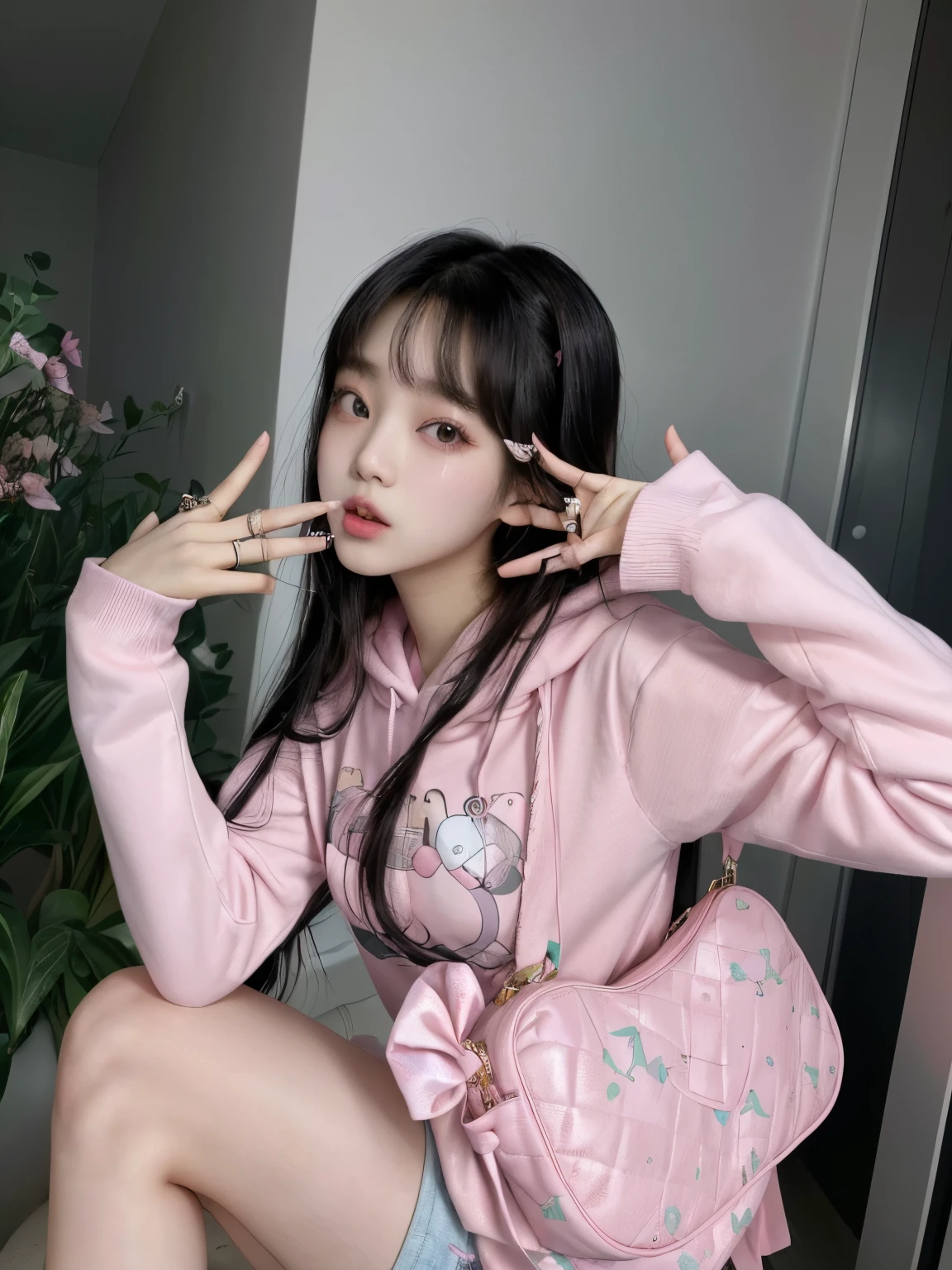 Araffe girl in a pink shirt and a pink bag posing for a photo., ulzzang, beautiful dolphin, e - girl, e-chica, jossi de blackpink, cruel korean gothic girl, Jisoo from Blackpink, wearing a pastel pink hoodie, kim doyoung, cute aesthetic with flutter, holding a modest pose, 👅 👅
