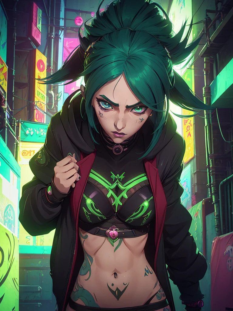 a closeup of a person with green hair and tattoos, 1 year old anime gothic girl, detailed cartoon character art, naughty anime girl, female cyberpunk anime girl, cyberpunk anime girl, anime girl gothic maiden, diesel punk woman, jet black haired cyberpunk girl, neogothic, anime ciberpunk, female cartoon character, Anime Woman Full Body Art, cartoon character