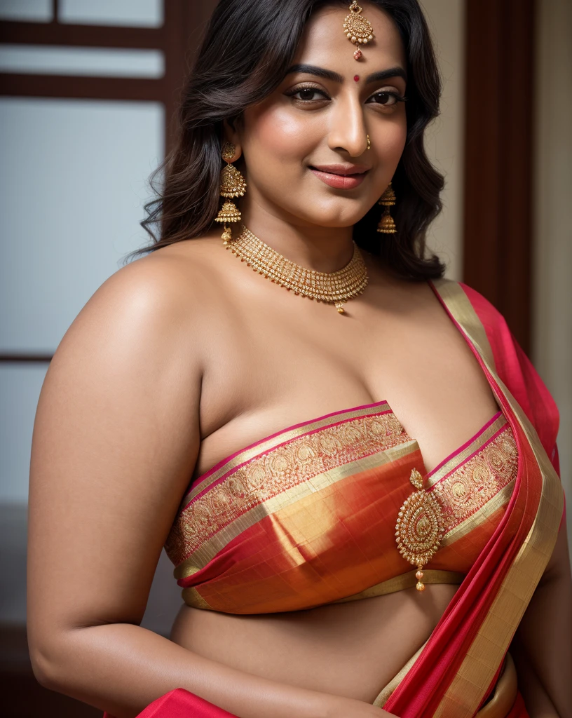 Foto RAW, photorealistic, photography, full body shot, master shot, perfect eyes, goddess like beauty, pierced eyes, perfect thick chubby mallu Desi aunty bhabhi, Wearing a Stanapatta, a chest-band.Saree model, model Photography, Indian saree shoot, Indian traditional wear advertising photography, traditional wear brand shoot, face of Indian actress Sonakshi Sinha, masterpiece, realistic, realism, incredible details, pleasure, photorealism, detailed skin, skin pores, high contrast, photorealistic Artstation 8k HD digital art trend of high definition and detailed realistic skin texture, ultra detail, realistic skin texture, armature, best quality, ultra high definition, (photorealistic:1.4),, high resolution, detail, raw photo, sweat, Re sharp, by Lee Jefferies Nikon D850 Film Stock Photo 4 Kodak Portra 400 Camera F1.6 Lens Rich Color Ultra Real Realistic Realistic Textures Dramatic Lighting Unreal Engine Trending at Art Station Cinestill 800,(pele altamente detalhada: 1.2), 8k UHD, DSLR, soft-lighting, alta qualidade, grain of film, Fujifilm XT3,she didn't like to wear blouse or bra, she is happy to wear only saree, she hates blouse or bra, detailed hairy armpits, hyper realistic skin, skin pores, sweat, veins,