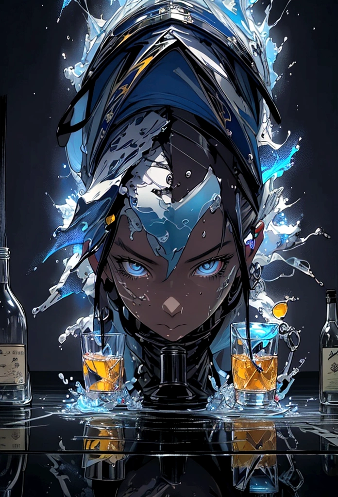 A detailed photorealistic 1 bottle of liquor in an anime style glass, containing a dark blue liquid with yellow sparks, reflections, cinematic lighting, vibrant colors, studio lighting, ultra-detailed, 8k, masterpiece