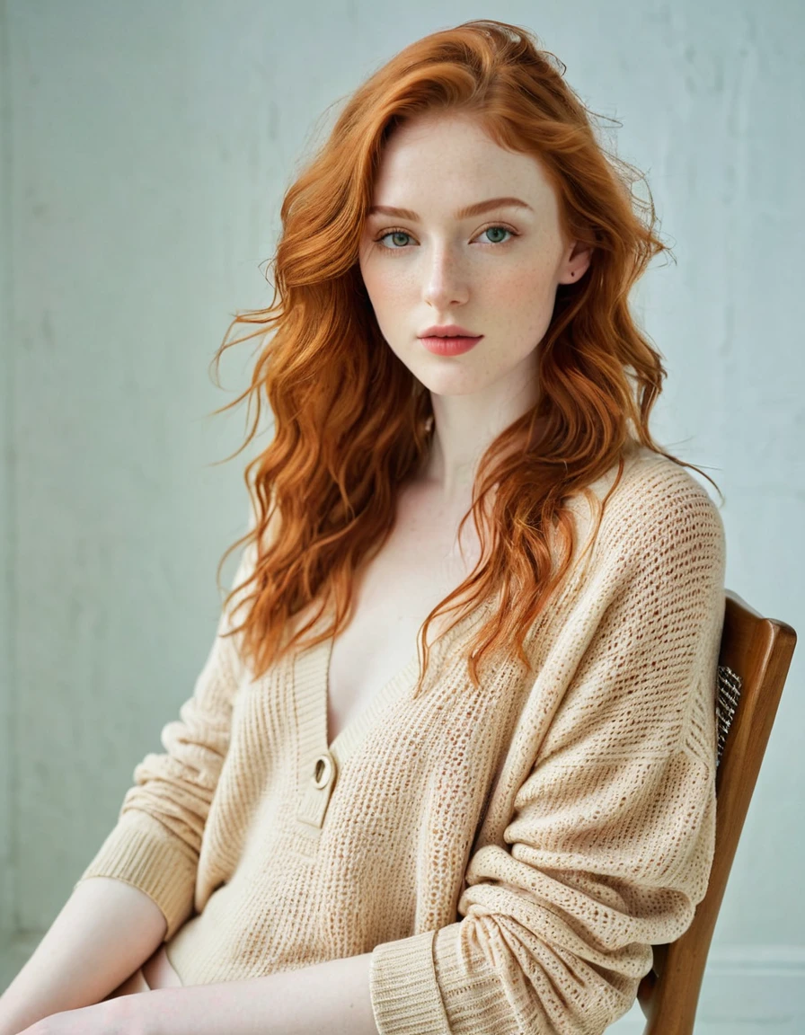 Photography full body portrait of a very beautiful realistic girl, posing on a chair, porcelain skin, very light skin, very pale skin, redhead, wavy, open hair, Detail of skin structure, hazel eyes, Slit eyes, small-nose, small nostril, think of arched eyebrows, thick lower lip happy face, unique face, foto realista, Masterpiece Image, sharp image, clear daylight, Wear an oversized sweater