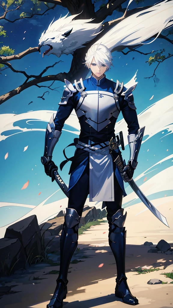 A 25 years old anime man with white hair, holding a Katana, Wearing a Blue and Black armor , Standing close to a tree