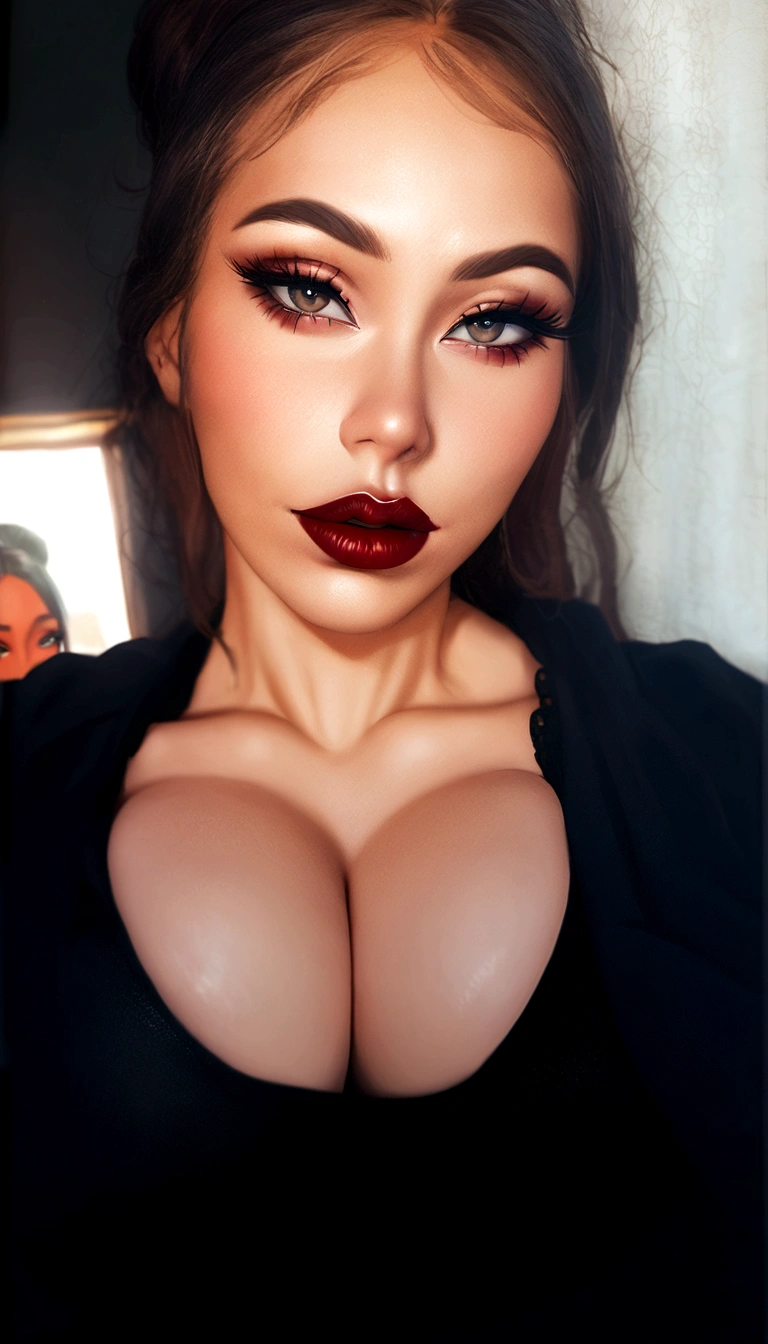 Un primer plano de una Women con un gran pecho y una blusa negra, neckline, thick lips, Portrait Sophie Mudd, she ???, Amazing beauty, ???? girl with dark complexion, thick red lips, deep red lips, big and full lips, Retouched in Photoshop, Amazing beauty, 🤤 girl portrait, ???? lips, cara ????, Women