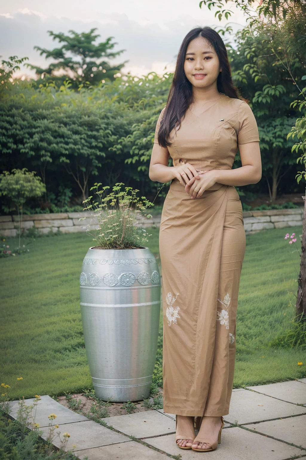 Asian woman long hair in a gold Indonesia batik long skirt and Indonesia batik black shirt, (pretty lady MoonLay), (very cute smile), (sweet face), ((standing in garden park:1.5)), Beautiful Body, traditional beauty, wearing beautiful Indonesia batik clothes, Indonesia batik traditional dress, acmm ss outfit, acmm long skirt, wearing acmm top, high heel, very attractive and beautiful, with lovely look, traditional clothes, very beautiful enga style, (((full body:2))), ((front view:1.5)), (((DSLR bokeh blur background to highlight portrait view:1.5))), (((evening lighting with golden sunlight1.5))), (cinematic enhance HDR portrait lighting, perfect anatomy, cannon mark v, DSLR quality, vibrant HDR color, (perfect anatomy), (perfect toes), (realistic hand shape), (perfect hands), (detailed hands), (perfect toes), (detailed toes), (perfect high heel),