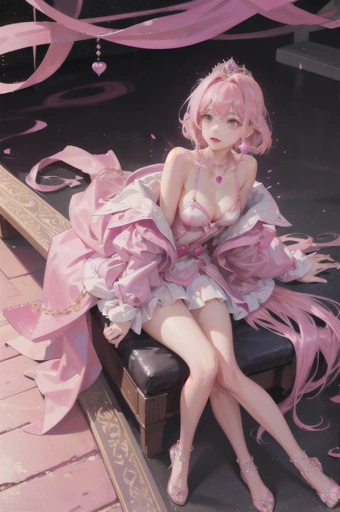 Women, approximately 18 years old, pink eyes, good body, pink strands in hair, She is a princess, She has a short pink dress with pink gems, his hair is a little long, has pink powers, On his neck he has a heart-shaped necklace, has a pink aura, she is sitting on a throne